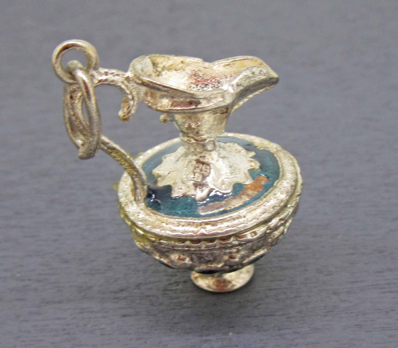 Blue Enamel Ornate Water Jug Charm Huge Sterling Silver Water Pitcher Charm Water Jug Charm Water Urn Charm for Charm Bracelets