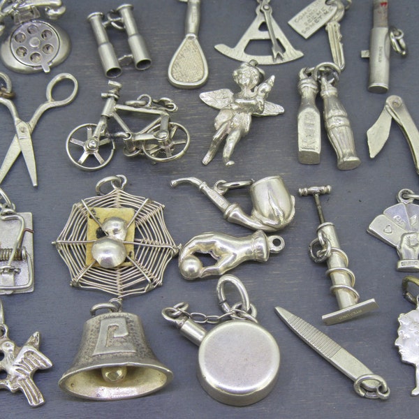 CHOICE Vintage Sterling 1940s Charm, Phone, Binoculars, Key, Protractor, Lipstick, Scissors, Movable Bicycle, Cupid, Rum & Coke, Razor