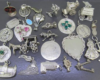 CHOICE Vintage Sterling Silver Charms, Antique Bracelet Charms, Religious Charms, Travel Charms, Figural Charms, Mechanical Charms