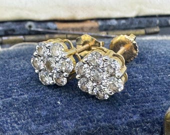 Vintage 14K Gold Diamond Cluster Threaded Stud Earrings, 1/2 CTW Natural Diamonds, Screw Back Earrings, Antique Style, SI2 H/I Diamond Studs