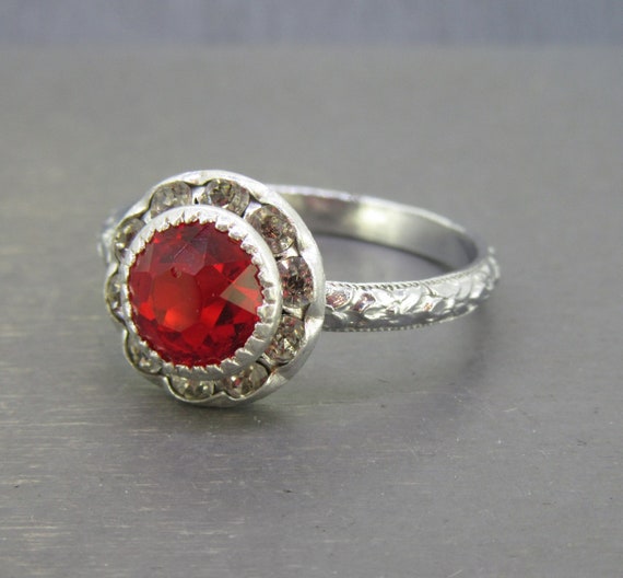 Vintage Art Deco Revival Ring with Red Glass Ston… - image 1