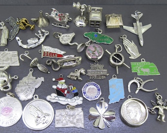 CHOICE Vintage Sterling Silver Charm Bracelet Charms, Cypress Gardens, Mink Coat, Rotary Phone, Santa Sleigh, Airplane, Cupid, Zodiac