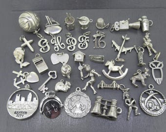 CHOICE Vintage Sterling Bracelet Charm, Bowl with Chopsticks, Movie Camera, Puffy Cross, Beau Sterling Initials, Sweet 16, Cuckoo Clock, Dog