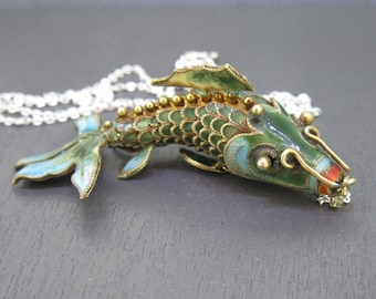 Sterling Green & Blue Enamel Articulated Koi Fish Pendant with 18" Sterling Silver Chain