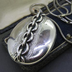 Antique Sterling Silver Oval Locket Necklace, Large 1.75" Locket, Original Frames, 22" Sterling Chain, Heavy 37g