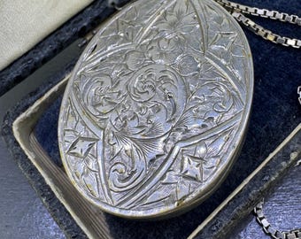 Antique Sterling Silver Locket Necklace, Hand Engraved Floral Locket, Large Oval Photo Locket, 20" Italian Sterling Chain