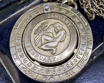 Vintage Aquarius Zodiac Pendant Necklace by Pierre Cardin with Diamond Enhancer on 20" Chain, Movable Customized Date