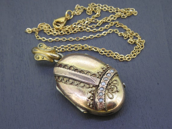 Antique Etruscan Oval Locket Necklace with Seed P… - image 3