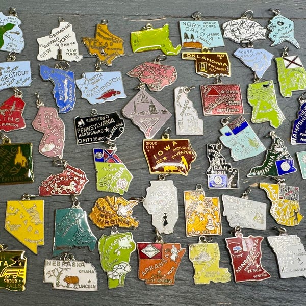 CHOICE Vintage Enamel State Map Charm, Michigan, New York, Texas, Massachusetts, North Dakota, Hawaii, Alaska, Florida, Washington, Ohio