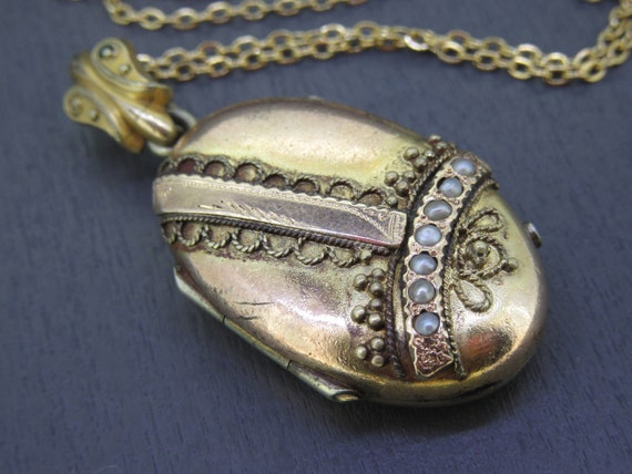 Antique Etruscan Oval Locket Necklace with Seed P… - image 1