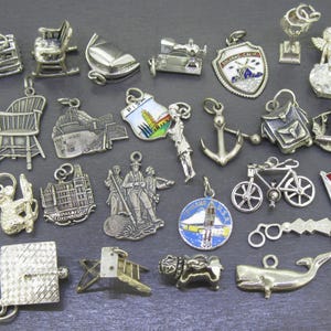 Pu&ograve; includere: Una collezione di ciondoli argentati in varie forme, tra cui sedie, una sedia a dondolo, una barca a vela, una macchina da cucire, uno scudo, un angelo, uno zaino, un'ancora, una bicicletta, una bandiera canadese e altro.