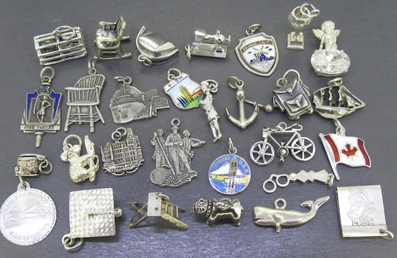 CHOICE Vintage Sterling Bracelet Charm, Lobster Trap, Koala, Michigan State, 50s Enamel Nurse, Nurse Hat, World Cup Trophy, Cherub Angel