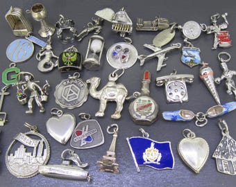 Choice Vintage Sterling Silver Charm, Mechanical Telephone Piano Hourglass, Travel Souvenir Eiffel Tower, Camel, Ship, Enamel Charm