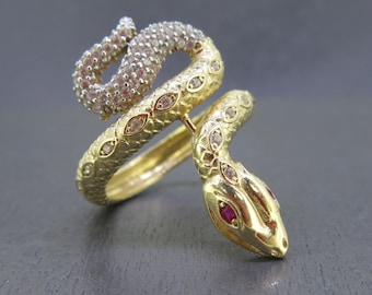 Vintage 14k Gold Snake Ring with Ruby Eyes, Size 6