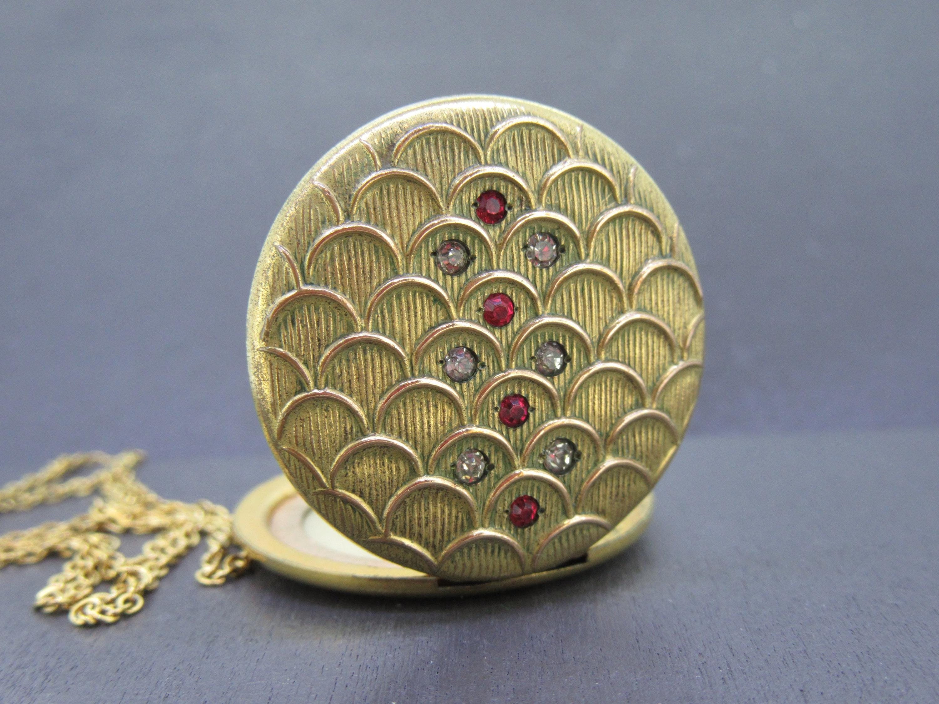 Antique Rhinestone Scale Locket Necklace With Red and White Rhinestones ...