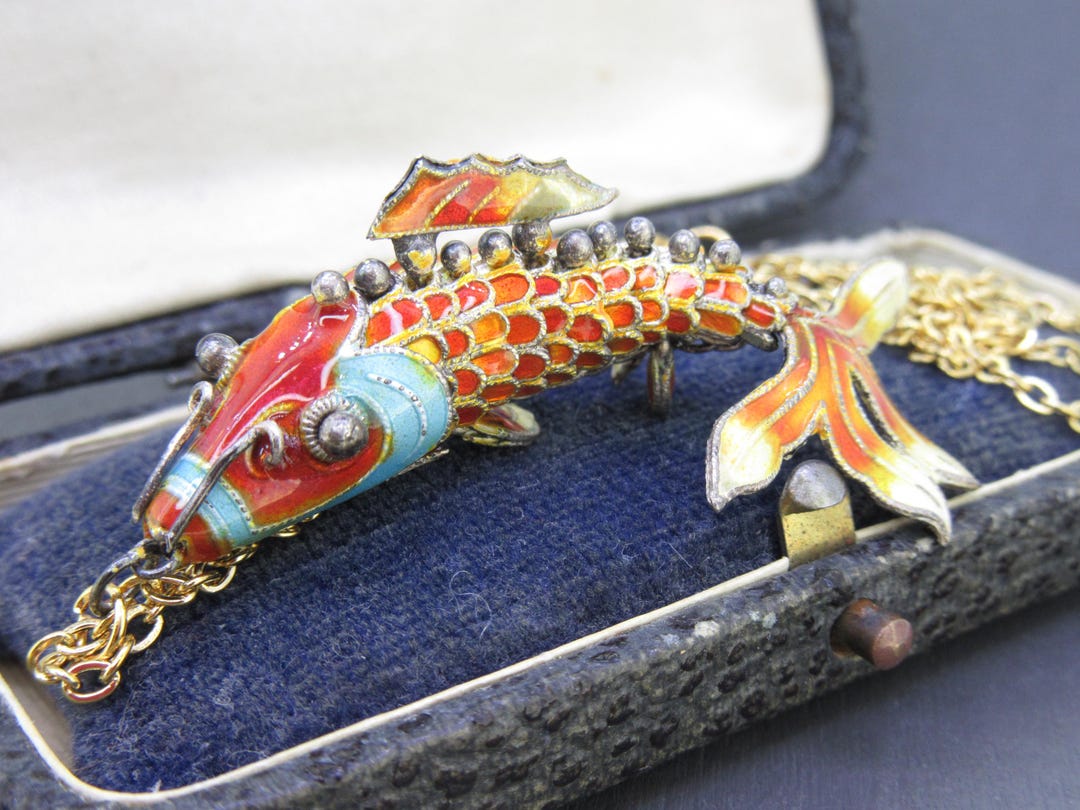 Vintage Enamel Fish Pendant Necklace, Articulated Sterling Silver Fish ...