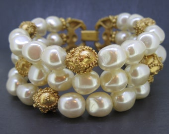 Vintage Franklin Mint Triple Pearl Bracelet with Faux Pearls and Etruscan Gold Tone, Mary McFadden