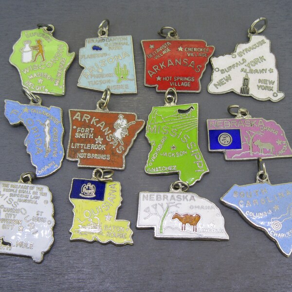 Choice Vintage Enamel State Map Charm, Wisconsin, Arizona, Arkansas, New York, Florida, Mississippi, South Carolina, Missouri, Louisiana