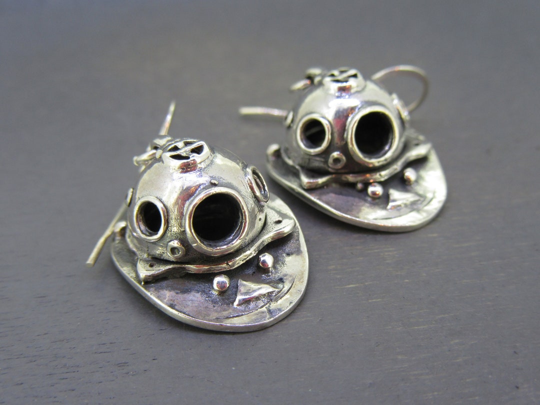 Vintage Sterling Deep Sea Diving Helmet Earrings, Ocean Nautical Jewelry Etsy