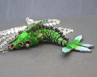 Sterling Green & Blue Enamel Articulated Koi Fish Pendant with 18" Sterling Silver Chain