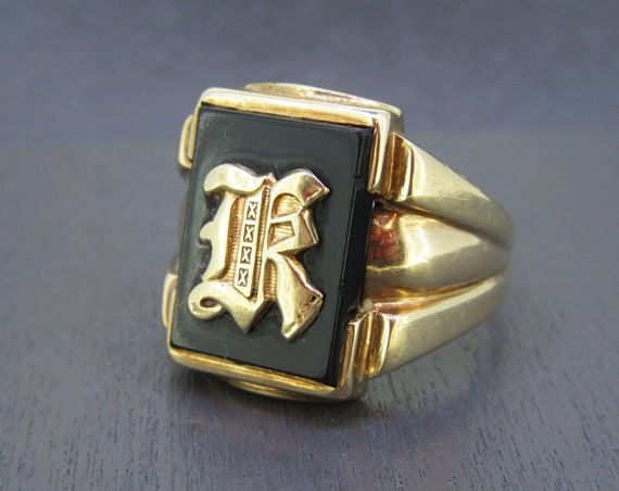 限定版 Antique 9.5 Size 10k Ring Signet Initial K Onyx Black Gold アクセサリー