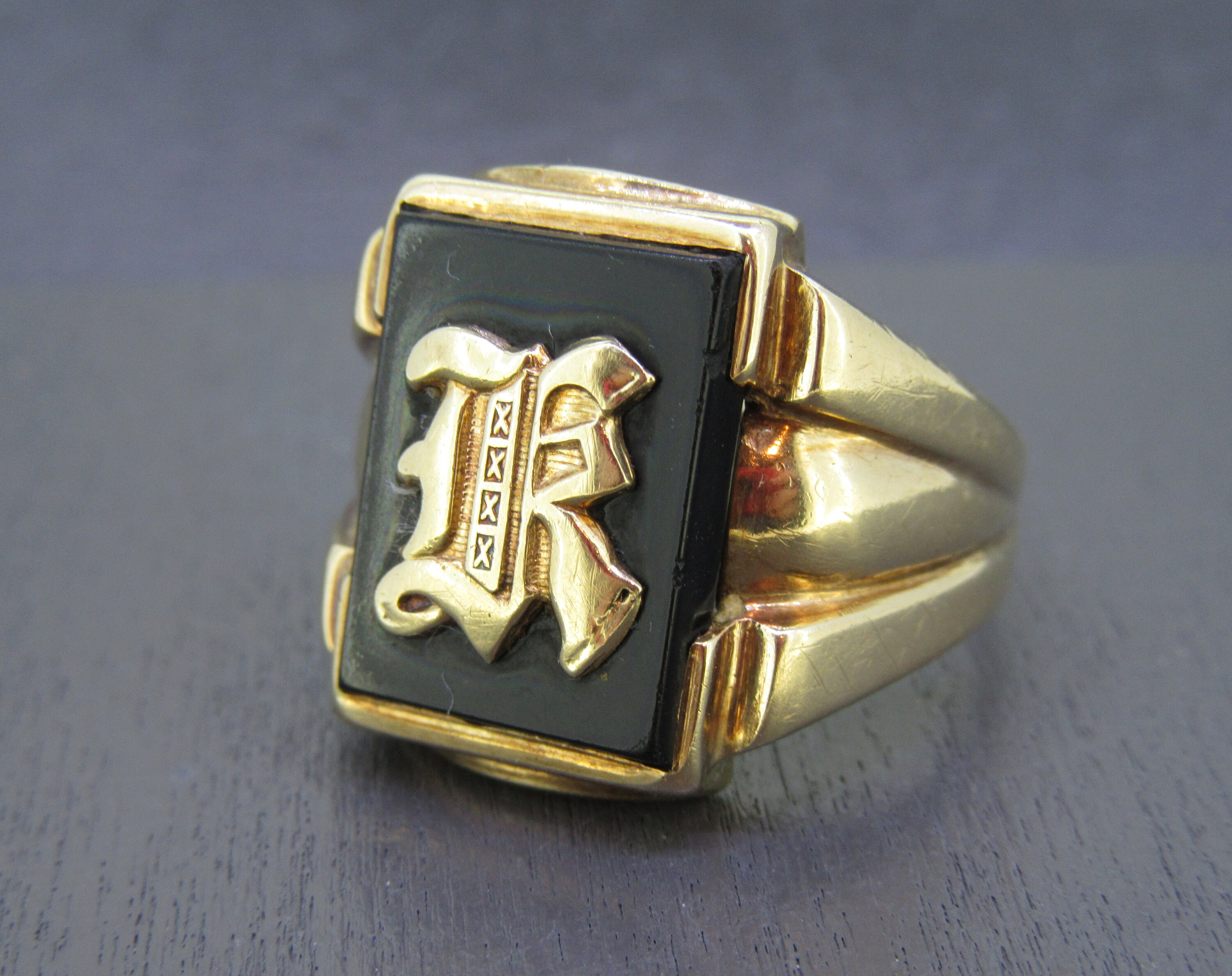 Black Onyx & Diamond Accent Star Signet Ring 10K Yellow Gold