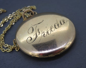 Antique Freida Name Circle Locket Necklace, 18" Gold Tone Chain