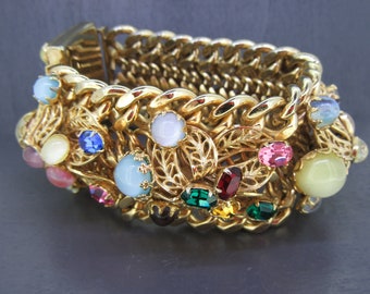 Vintage Marino Glam Bracelet with Art Glass and Rhinestones on Chunky Gold Chains