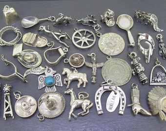 CHOICE Vintage Sterling Southwest Bracciale con ciondolo, Toro, Aratro da campo, Capo nativo americano, Torre di trivellazione petrolifera, Cappello da cowboy, Cavallo, Kachina, Maya