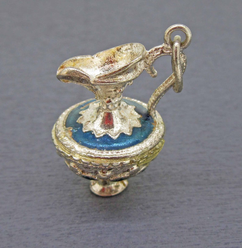 Blue Enamel Ornate Water Jug Charm Huge Sterling Silver Water Pitcher Charm Water Jug Charm Water Urn Charm for Charm Bracelets