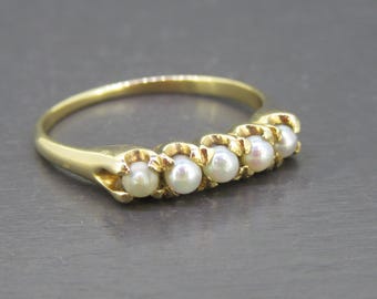 Antique 14K Gold Seed Pearl Ring, Victorian Style, Size 7 1/2