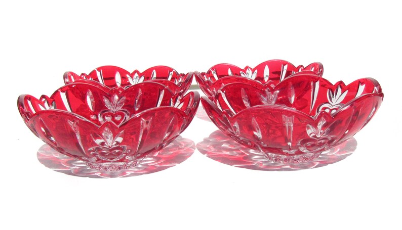 Valentine/'s Day Gift for Her Red Cut to Clear Fruit Bowl with Hearts Vintage Heart Cut to Clear Red Bowl Cherry Red Glass Trinket Bowl
