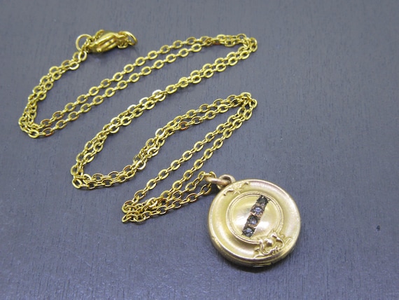 Tiny Antique Rhinestone Circle Locket Necklace wi… - image 2