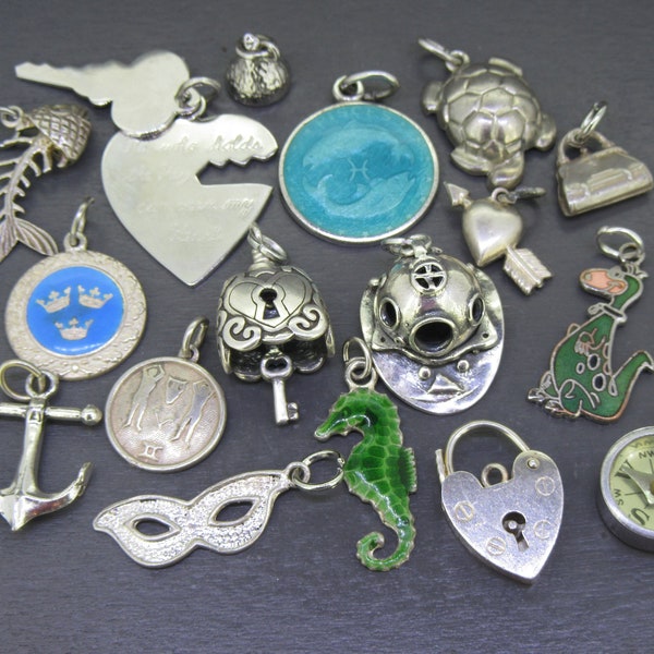 CHOICE Vintage Sterling Silver and/or Enamel Charm, Dinosaur, Compass, Pisces Zodiac, Seahorse, Three Crowns, Fish Bone, Padlock Heart