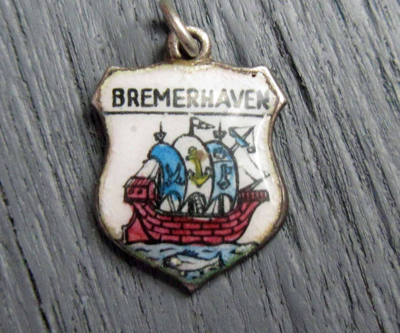 Deutschland Souvenir Ship Coat of Arms Enamel Shield Charm Sterling Silver 935 Silver Charm Bremerhaven Germany Charm