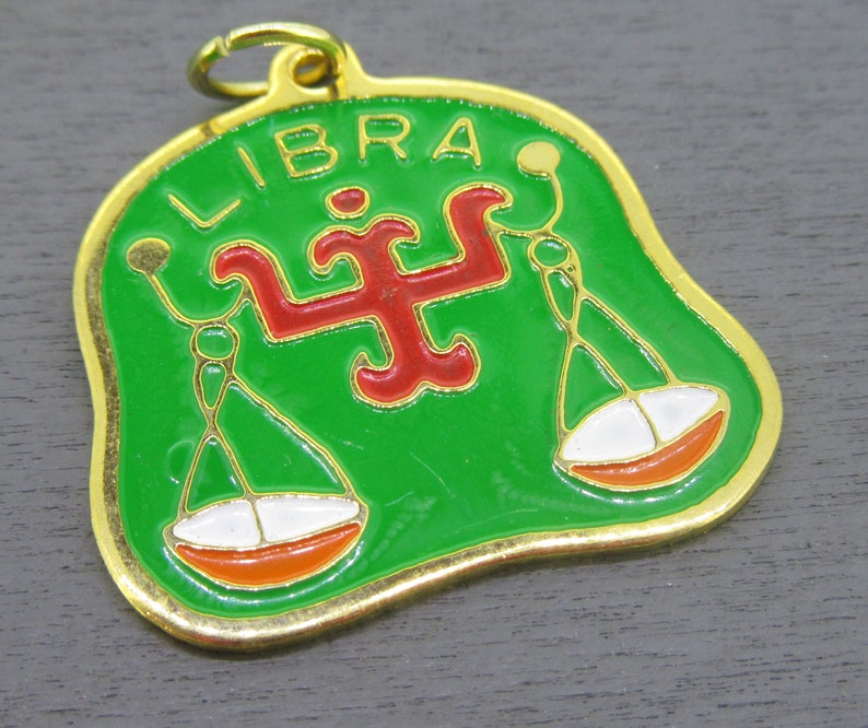 Enamel Libra Zodiac Charm or Pendant Libra Scales of Justice Charm Green and Yellow Enamel on Gold Tone