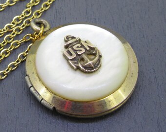 Vintage WW2 USN lieverd hart medaillon HALSKETTING met parelmoer, 18" ketting