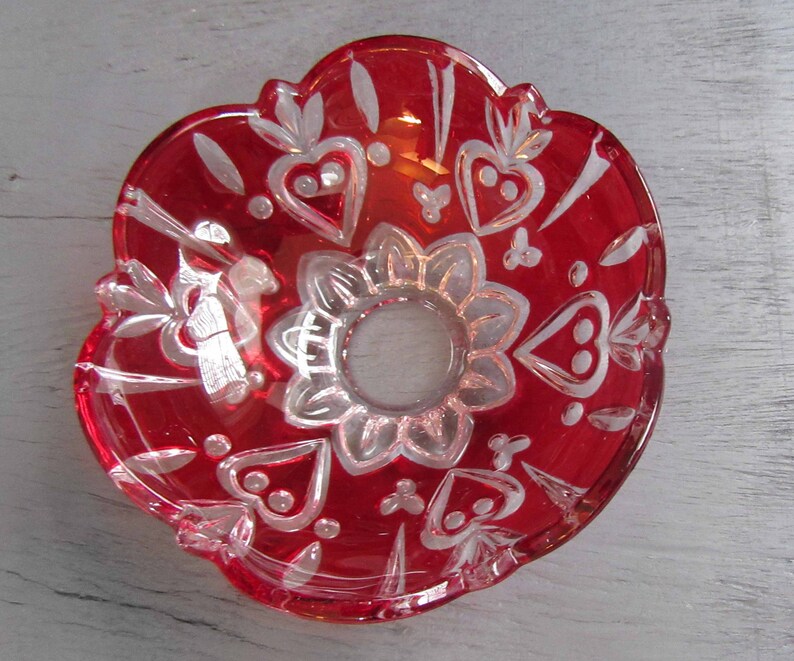 Valentine/'s Day Gift for Her Red Cut to Clear Fruit Bowl with Hearts Vintage Heart Cut to Clear Red Bowl Cherry Red Glass Trinket Bowl
