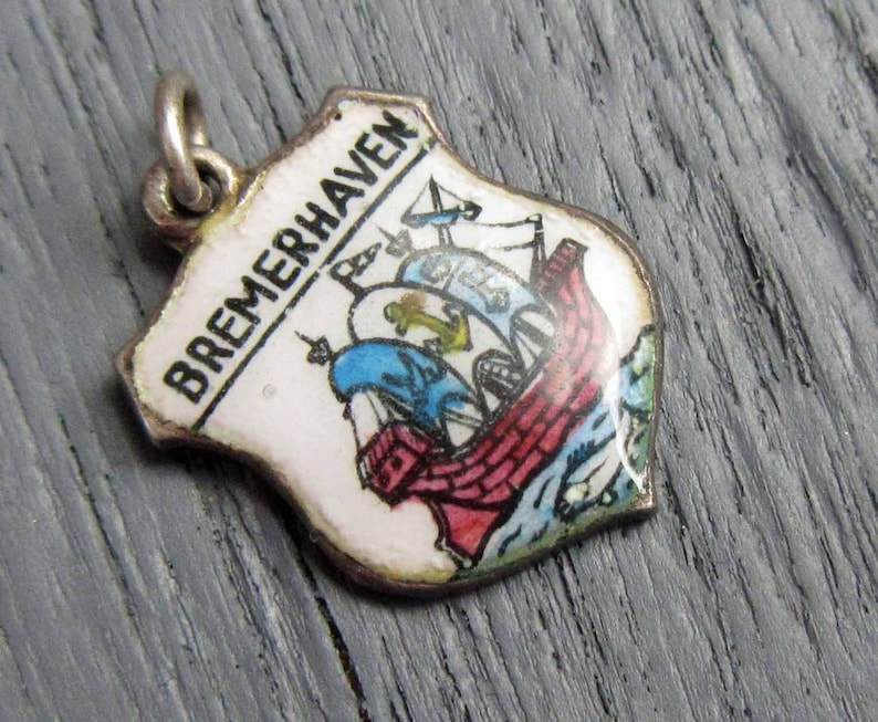 Deutschland Souvenir Ship Coat of Arms Enamel Shield Charm Sterling Silver 935 Silver Charm Bremerhaven Germany Charm