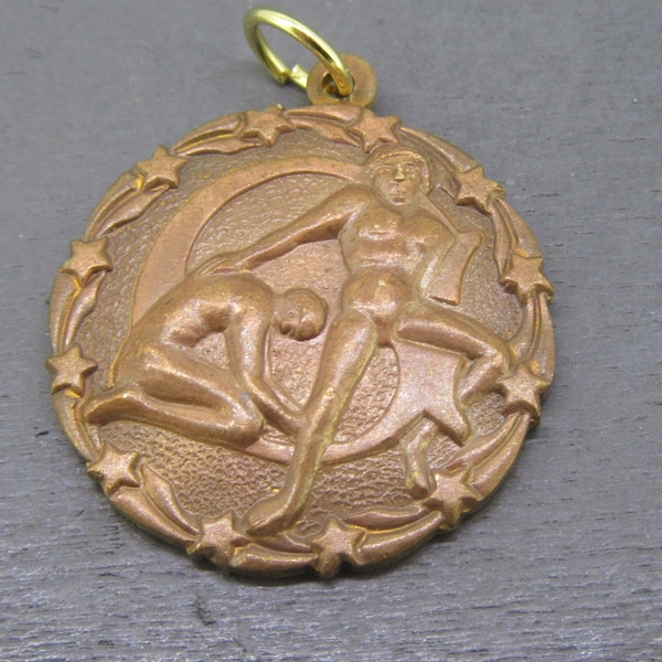 Vintage Coppery Bronze Gemini Zodiac Charm or Pendant with Stars