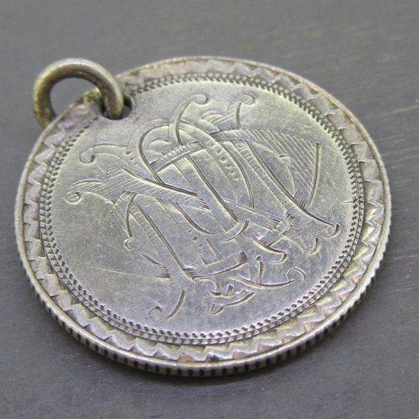 1878 Antique Sterling Love Token Charm or Pendant, Monogrammed ONIP Love Token Charm, Antique Sterling Silver Seated Liberty Dime