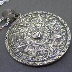Vintage Large Sterling Mayan Calendar Pendant Necklace, Double sided with 18&quot; Chain