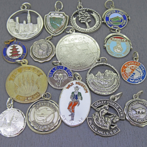 CHOICE Vintage America Souvenir Charm, Most Sterling or Enamel, Florida, Six Flags Texas, Grand Canyon, Crater Lake, Sequoia & Kings Canyon