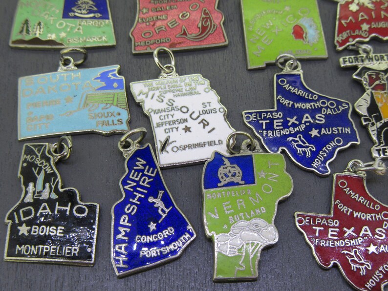 CHOICE Vintage Enamel State Map Charm, Hawaii, Oklahoma, Texas, Rhode
