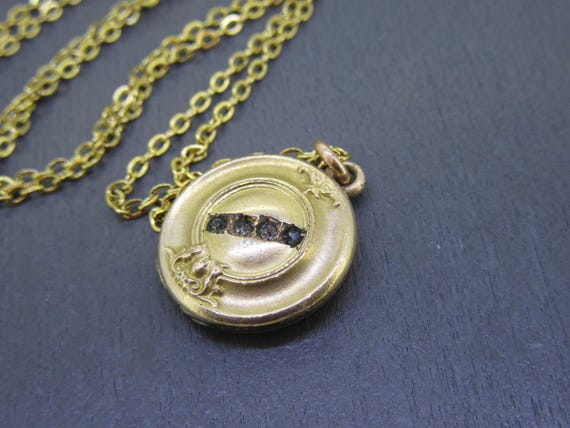 Tiny Antique Rhinestone Circle Locket Necklace wi… - image 4
