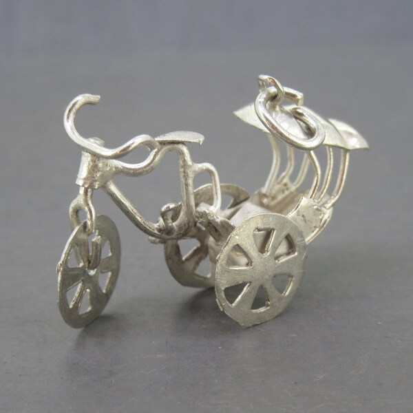 Movable Rickshaw Charm with Bicycle, Sterling Silver Charm, Vintage Rickshaw Charm with Moving Wheels