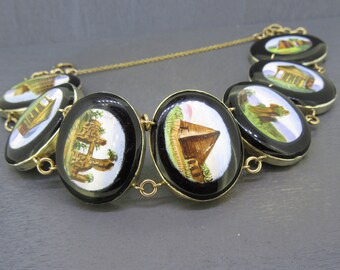 Antique Gold Filled Rome Souvenir Italy Tour Bracelet with Painted Onyx Cabochons on Bezels