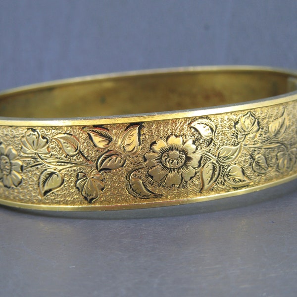 Vintage Gold Filled Hinged Bangle Bracelet with Flower Design, Antique Jewelry, Antique Bracelet Signed P&H 10k Gold Filled