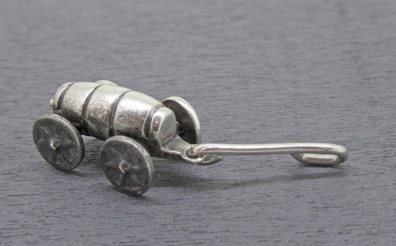 Vintage Beer Wagon Charm 800 Silver Movable Sterling Barrel Wagon Charm Moving Wheels and Handle Pull Wagon Charm