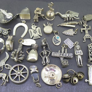 May include: A collection of silver-toned charms in various shapes, including a horseshoe, a cowboy, a boot, and a sombrero. Other charms include a dinosaur, a bell, and a Native American figure. The charms are displayed on a dark surface.